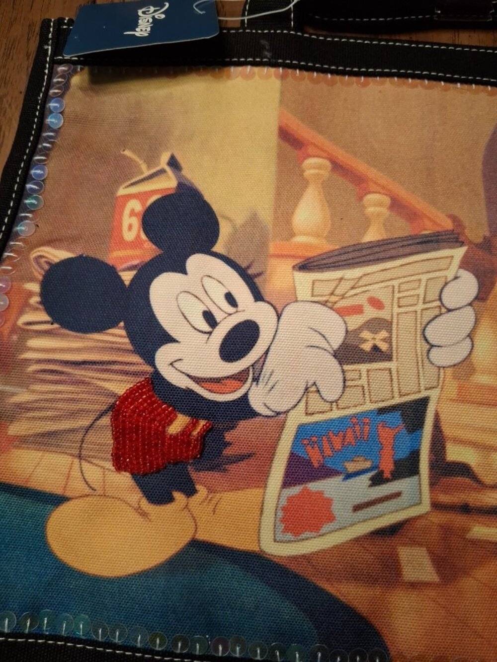 NWT Disney Mickey and Minnie Mouse Beaded Canvas Tote Purse Bag Black - Picture 3 of 11